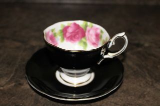 Royal Albert Tea Cup And Saucer Bone China England Large Rose Pattern On Black