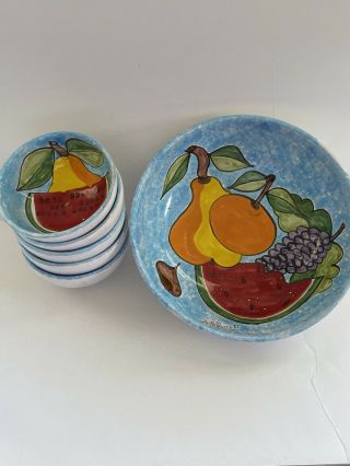 Vintage Nino Parrucca Hand Painted Pottery Majolica Fruit Pasta Bowl Set 6pc