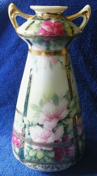 9 1/4 " Handpainted Nippon Two Handle Vase With Purple & Pink Flowers & Gold Trim