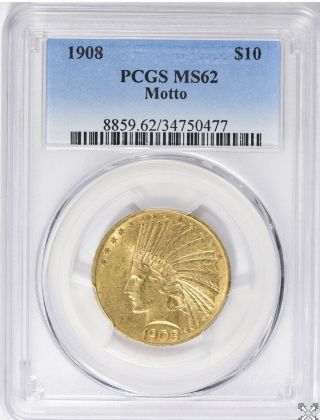 1908 $10 Gold Indian Head Eagle Motto Pcgs Ms 62