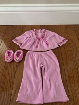 American Girl Doll Julie Albright Pajamas Pjs Top Pants Butterfly Slippers Euc