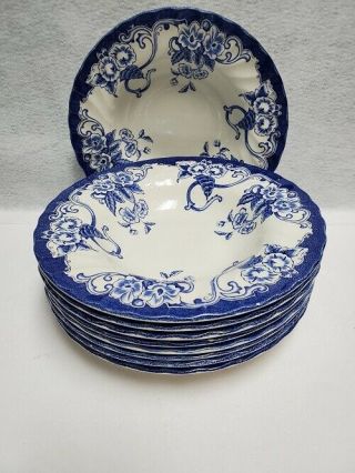 Myott Staffordshire England Chelsea Garden Blue White Set Of 8 Rim Soup Bowls