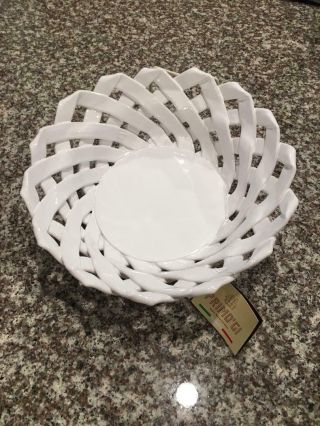 Primo.  Gi 10.  5 " White Ceramic Woven Pottery Basket Handmade In Italy,  Nwt