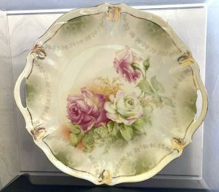 Rs Germany Cake Plate Prussian Rose Porcelain Cut - Out Handles Gold Pink Gold Rim
