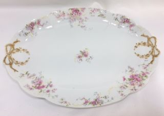 Gda France Ch Field Haviland Limoges Pink Rose Oval Plate Gold Bow Ribbon 8 " X11 "