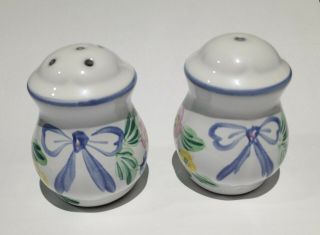 Herend Village Pottery Blue Bow Salt And Pepper Shakers
