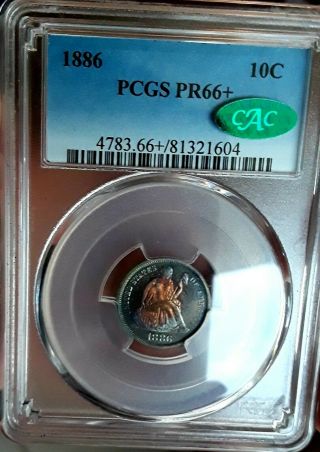 1886 10c Proof Seated liberty Dime PCGS & CAC PR - 66, .  GORGEOUS COLOR 2
