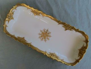 B& H Limoges Celery Dish Or Bread Tray With Gold Rim And Center Medallion