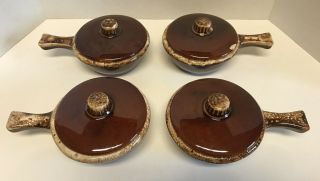 Vintage Hull Oven Proof Usa Set Of 4 Brown Drip Soup Bowls With Handles & Lids