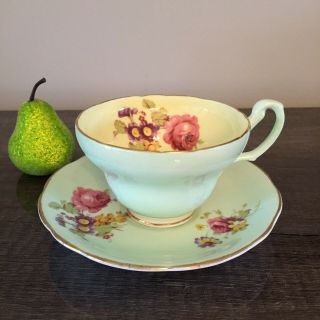 Eb Foley Green Cabbage Rose Teacup And Saucer