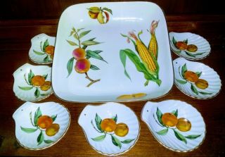 Vintage Royal Worcester Evesham Gold Porcelain Shell Dishes And Service Platter