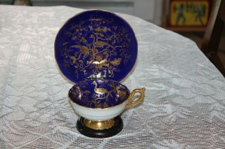 Vintage Coalport Gold & Cobalt Blue Cairo Bird Of Paradise Cup And Saucer