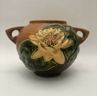 Vintage 1943 Roseville Art Pottery Water Lily Two Handled Vase 437 - 6