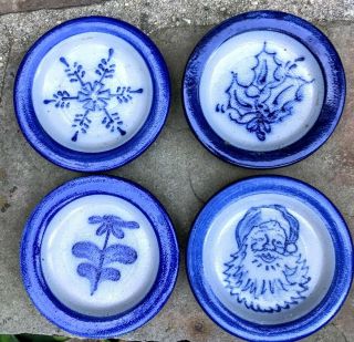 Vtg Rowe Pottery Salt Glazed Blue Stoneware Set Of 4 X - Mas Coasters Folk Art