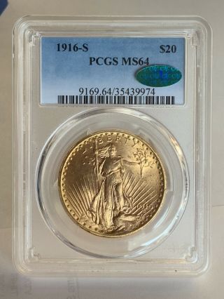 1916 - S $20 Saint Gaudens Gold Double Eagle Pcgs Ms64 Cac