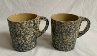 2 Vintage Rrp Co.  Roseville Ohio Pottery Blue & Cream Spongeware Stoneware Mugs