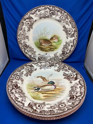 Set Of 4 Dinner Plates,  Woodland Pattern Spode Quail Lapwing Mallard Pheasant