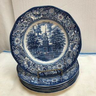 Set Of 6 Staffordshire Liberty Blue Dinner Plates - - - - Independence Hall