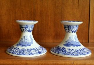 Pair Spode Blue Italian Short Candlestick Candle Holder Made In England