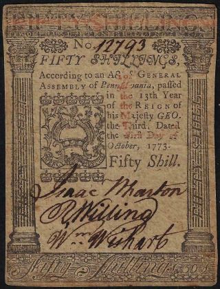 Us Uk1773 Colonial Money 50 Shillings October 5th 1773 Pa - 170 Signed Isaac