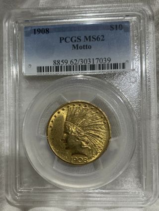 1908 $10 Gold Indian Head Eagle Motto Pcgs Ms62 Bu Unc Honey Gold