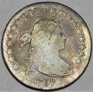 1798/7 Draped Bust Dime Very Fine Vf 16 Stars Early 10c Overdate Variety Coin