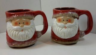 Chunky Santa Face Christmas Holiday Winter Glazed Pottery Mugs 16 Oz.