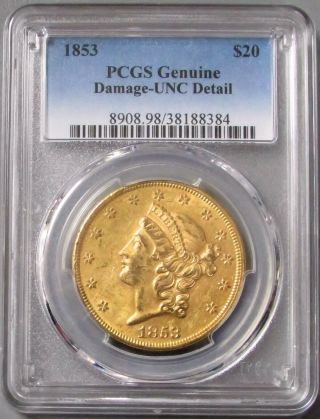 1853 Gold $20 Liberty Head Double Eagle Coin Pcgs Unc Details