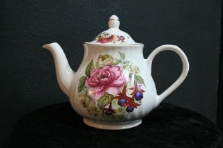 Arthur Wood & Son Staffordshire 6424 White Teapot With Pink Flowers England