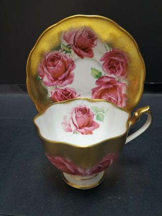 Vintage Queen Anne Footed Cup And Saucer Thick 24kt Gold Pink Cabbage Roses