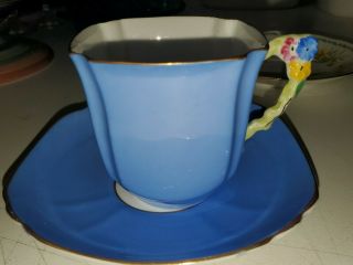Flower Handle Royal Stafford Tea Cup & Saucer Square Royal Blue 1930 