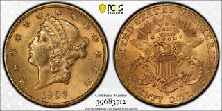 1907 - S Liberty $20 Double Eagle Gold Coin Pcgs Cleaned Uncirculated