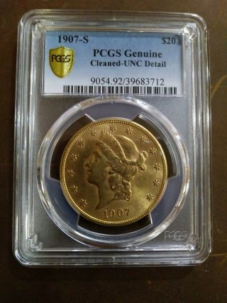 1907 - S Liberty $20 Double Eagle Gold Coin PCGS Cleaned Uncirculated 2