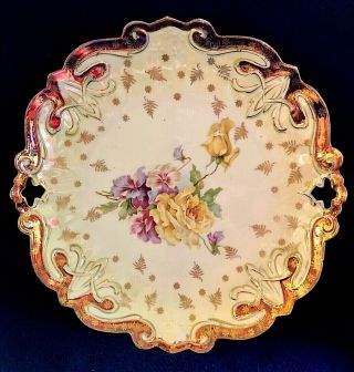 Rs Prussia 10 - 1/2 " D Floral Cake Plate W/ Tiffany Trim And Mixed Flowers