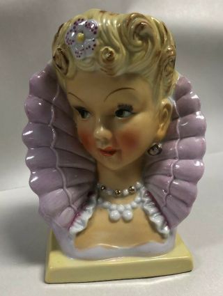 Vintage Unmarked Porcelain Lady Head Vase With Upstanding Pink Fringed Collar