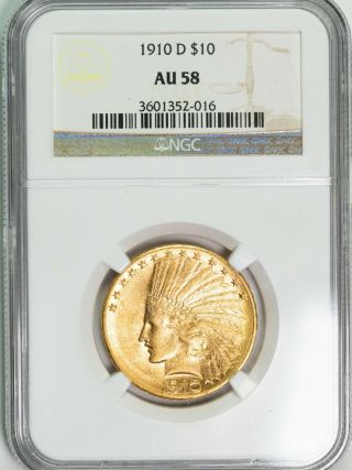 1910 D Ngc Au58 $10 Indian Gold Eagle Item T12154