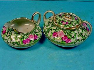Antique Japanese Nippon Moriage Porcelain Creamer & Sugar Bowl