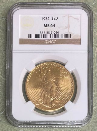 1924 $20 Gold Saint Gaudens Double Eagle Ms 64 Ngc Coin Us Currency
