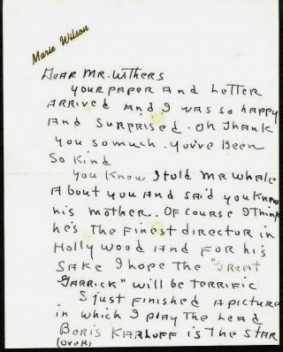 Rare Marie Wilson Autograph Letter Signed - Good Content