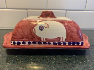 Vietri Solimene Pottery Covered Cheese Butter Dish (porco) Red Pig Made In Italy