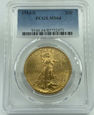 1914 - S Pcgs Ms64 $20 Gold Saint Gaudens Double Eagle