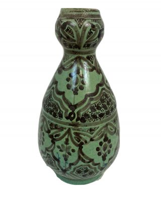 Vintage Pottery Hand Painted Vase,  Green With Brown,  Signed