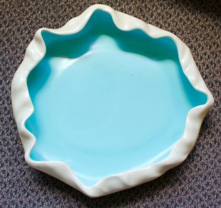 Vintage Poppy Trail Metlox Ruffled Serving Bowl Pottery Turquoise Blue & Cream