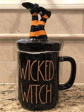Rae Dunn Halloween Wicked Witch Mug With Witch Legs Topper/lid Black