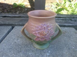 Vintage Roseville Pottery 71 - 4 Water Lily Vase,  4 " Tall,  Pink & Green,  Ohio