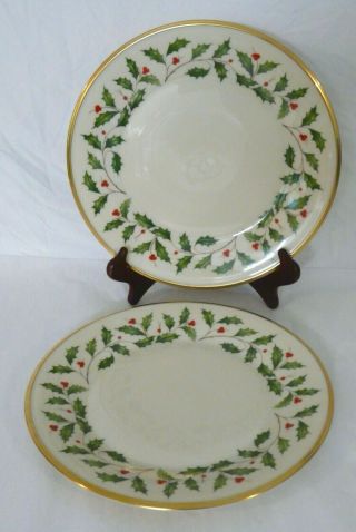 Lenox Holiday Holly & Berries Gold Trim Dinner Plates 10 - 3/4 " - Set Of 2