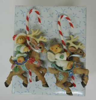 2 Cherished Teddies Bears Riding Reindeer Ornaments Figurines 108578