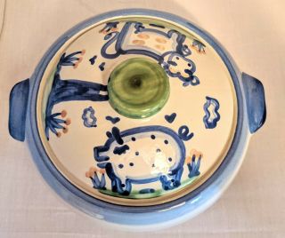 M A Hadley Pottery Covered Dish Country Scene Cow Pig The End 10 "
