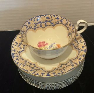 Vintage Aynsley Bone China Tea Cup & Saucer Blue Gold Trim Beige Lace Design