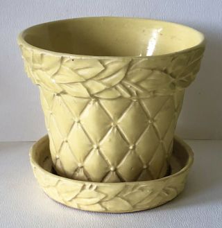 Vintage Mccoy Art Pottery Large Yellow Quilted &laurel Leaf Flower Pot W/saucer